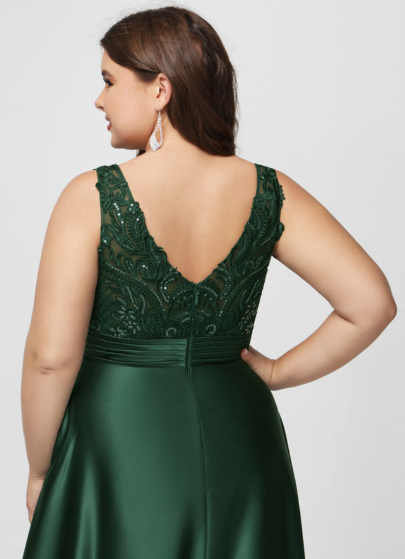 Robe Longue Verte Satinée À Broderies - gallery 9