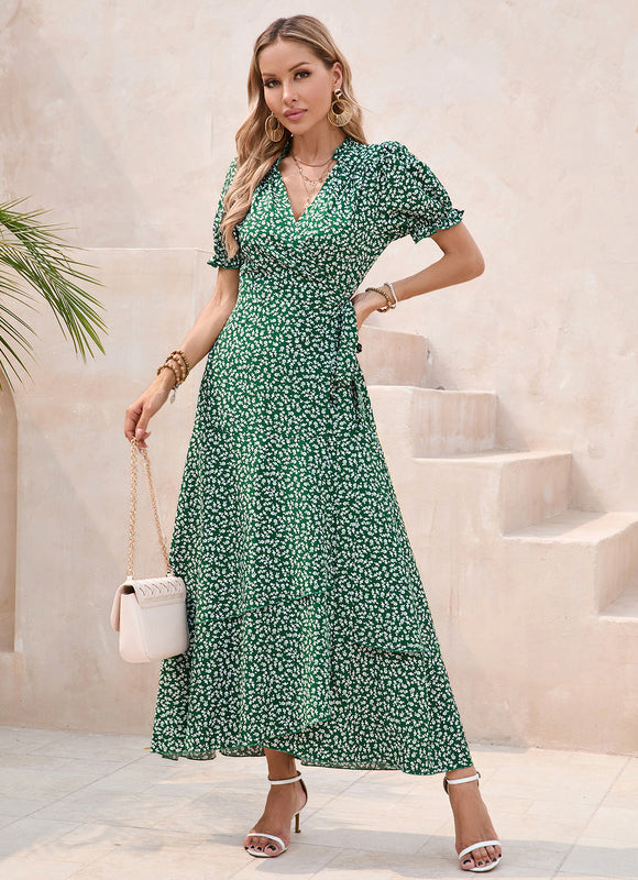 Robe Longue Verte À Fleurs Blanches - gallery 1