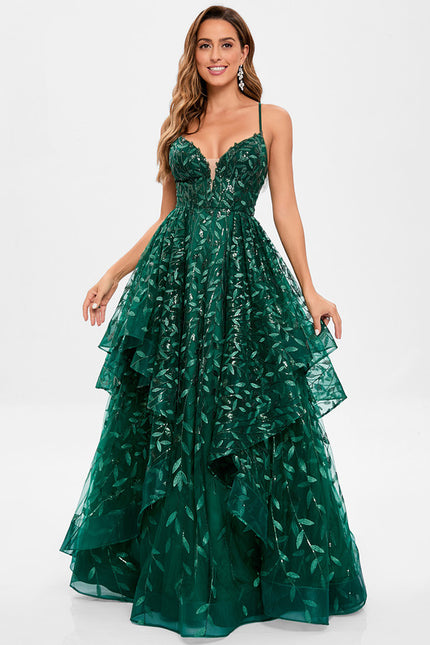 Robe Bal Verte À Volants Scintillants - gallery 1
