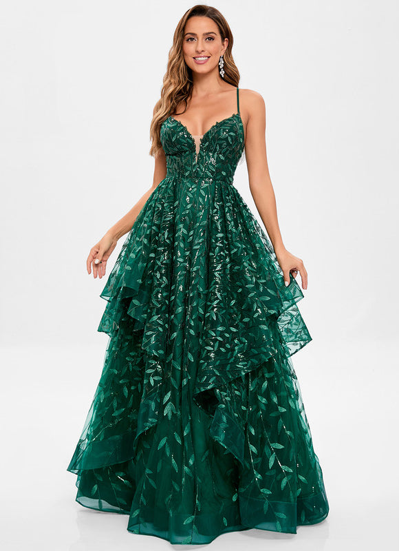 Robe Bal Verte À Volants Scintillants - gallery 1