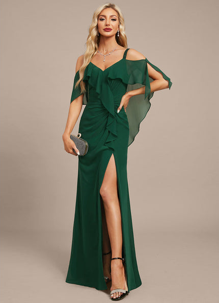 Robe Élégante À Volants Vert Foncé