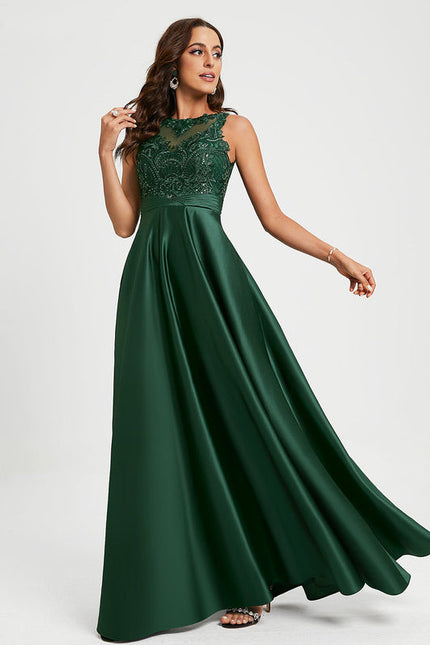 Robe Longue Verte Satinée À Broderies - gallery 5