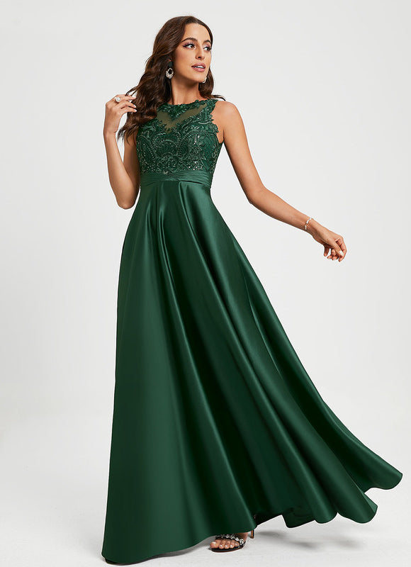 Robe Longue Verte Satinée À Broderies - gallery 5