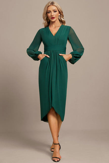 Robe Longue Verte Satinée À Manches Bouffantes - gallery 2