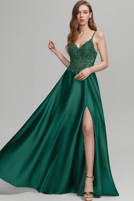 Robe Satinée Émeraude Fendue Élégante - gallery 3